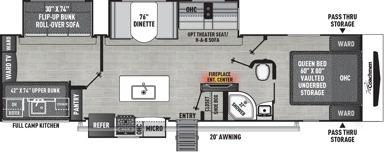 The 320BHDS has has three slideouts and one entry. Exterior features front pass-thru storage, 20 foot awning, and full camp kitchen with refrigerator, overhead cabinet, sink and storage. Interior layout front to back: foot-facing queen bed with vaulted underbed storage, overhead cabinet, and wardrobes on each side; door side full pass-thru bathroom; entertainment center with fireplace along inner wall; off-door side slideout  with hide-a-bed sofa (optional theater seat) with overhead cabinets and dinette; kitchen island with sink; door side closet and shoe box, entry, slideout with kitchen counter, microwave, cooktop and refrigerator, and pantry; rear bunkroom with off-door side slideout with roll-over sofa  and flip-up upper bunk, door side upper bunk, and rear wardrobes with TV.